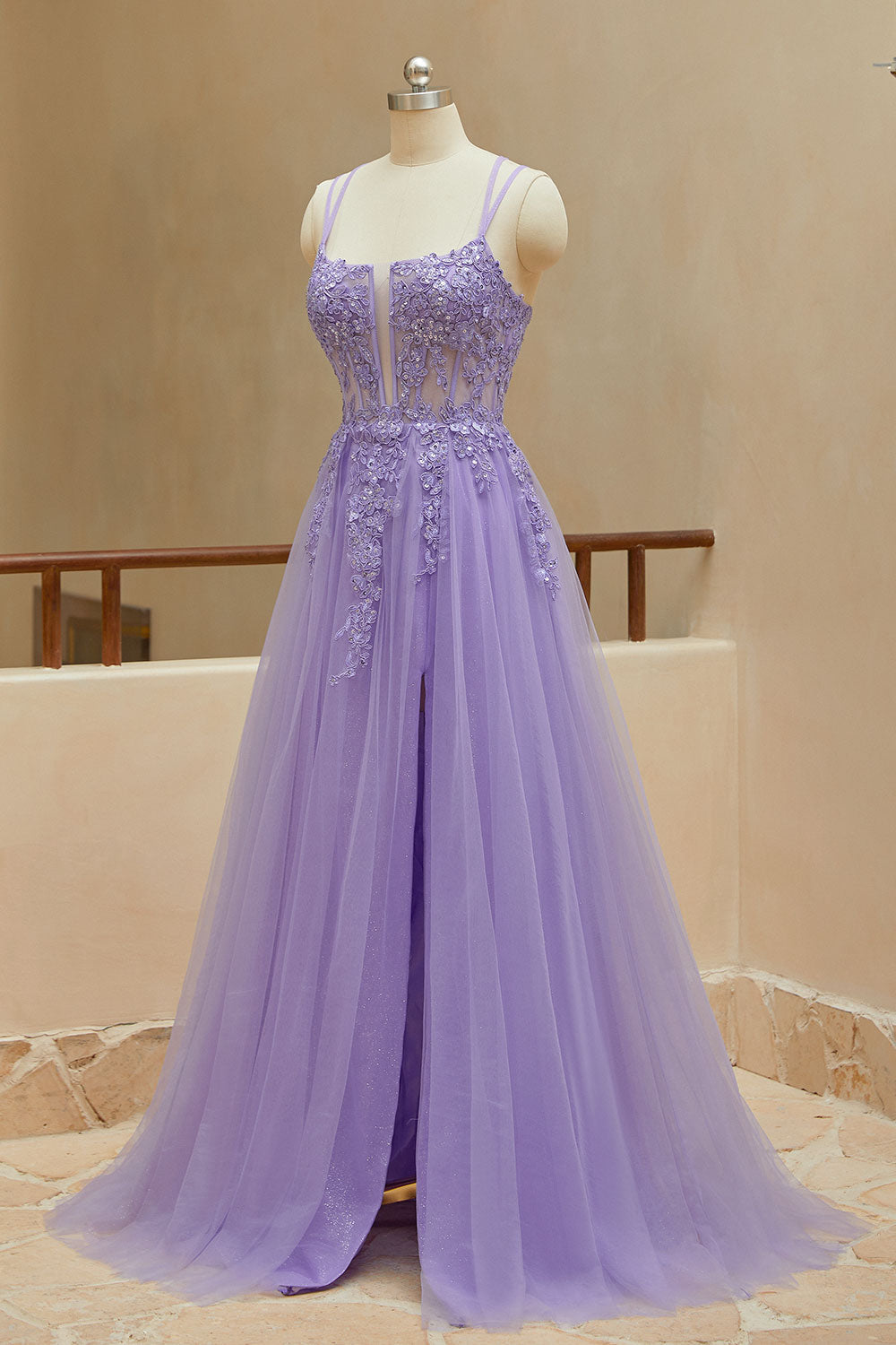 Luolandi A Line Spaghetti Straps Tulle Slit Long Prom Dresses With Appliques Beautiful With Slit